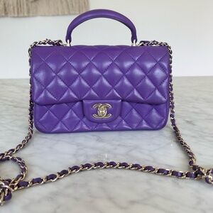 Authentic Chanel Purple Quilted Mini Leather Top Handle Crossbody Chain Bag